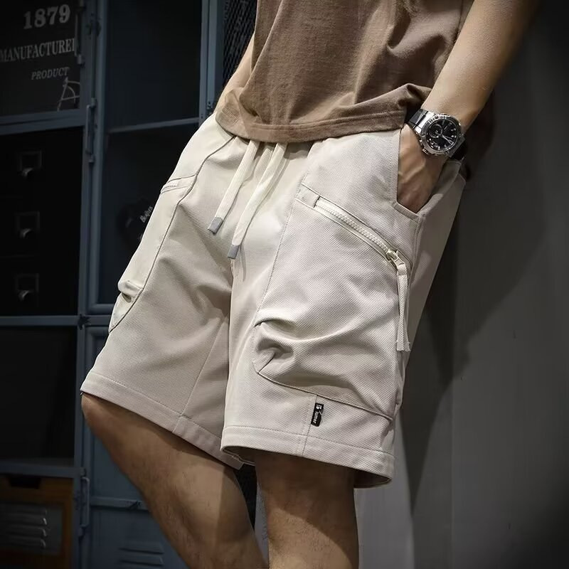Summer American Style Retro Trendy Brand Tooling Shorts Zipper Pocket Casual Shorts Men's Loose Straight Sports Pants