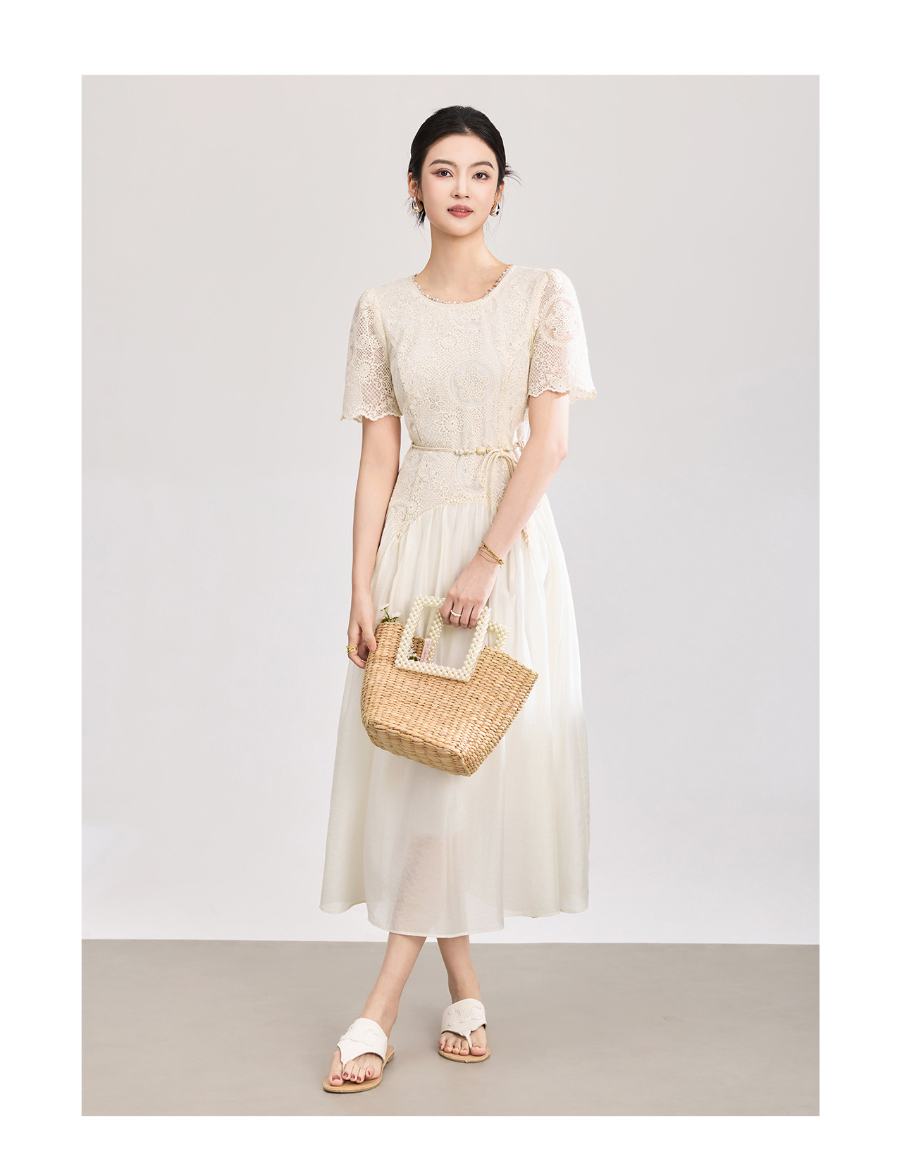 Đầm nữ tay ngắn thêu sequin cotton, thắt lưng eo phong cách Pháp — màu mơ chi tiết 12