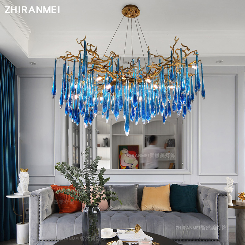 轻奢水晶吊灯蓝色后现代简约客厅全铜树枝艺术感圆形饭厅餐厅高端