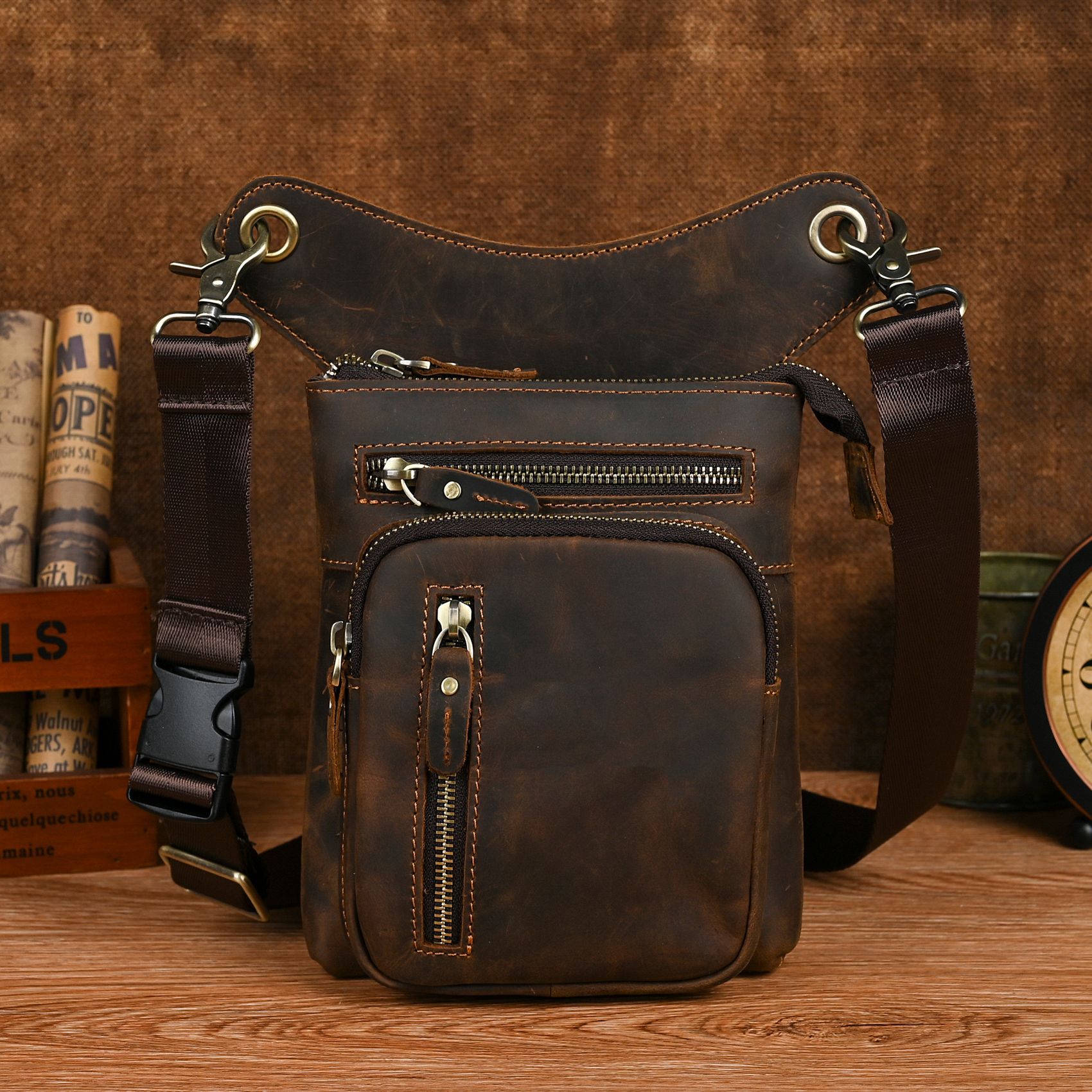 头层油腊皮牛皮 外贸款欧男士潮酷手机相机户外8寸腿包腰包211-11