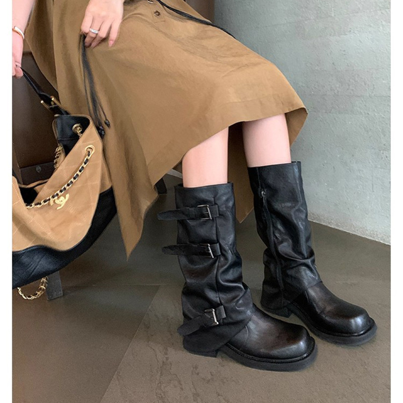 葡萄妈同款增高皮带扣方圆头褶皱中筒骑士靴女西部褶皱堆堆裤管靴|undefined