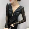 Mesh patchwork leather sleeves patchwork lace long sleeved undershirt for women