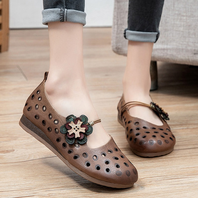 2021春夏新款复古低帮浅口凉鞋圆头现货粘胶鞋真皮镂空软底洞洞鞋