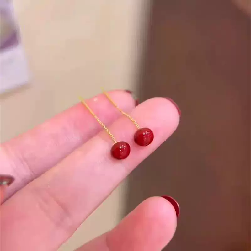 2024新款925银针耳钉女红色珠珠耳线时尚轻奢百搭抖音同款耳饰