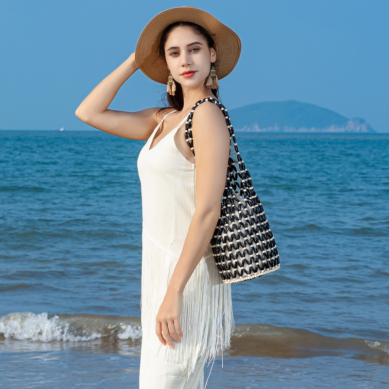 OLEI Foreign Trade Cross-border Wooden Bead Bag Hand-woven Bead Bag Travel Shoulder Bag Seaside Holiday Portable Bucket Bag