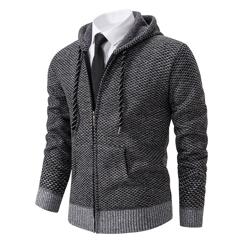 Knitted Sweater, One-Piece Velvet Men's Loose Sweater Cardigan, Autumn and Winter Hooded Sweater Jacket, Long-Sleeved Casual and Versatile