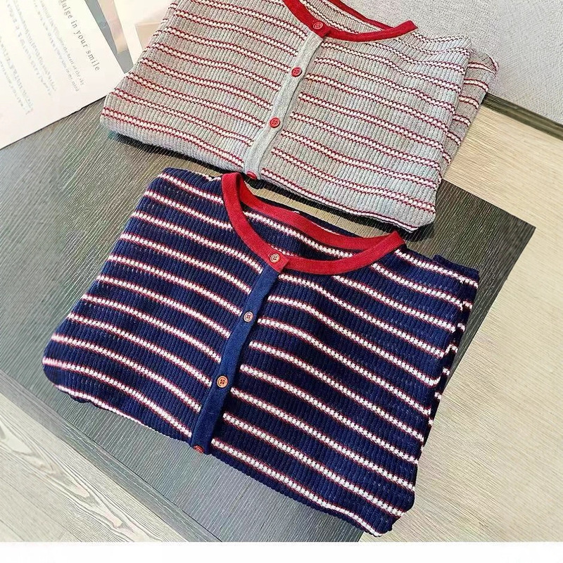 韩单复古时髦羊毛针织开衫宽松条纹圆领长袖显瘦上衣女早秋新T091|undefined