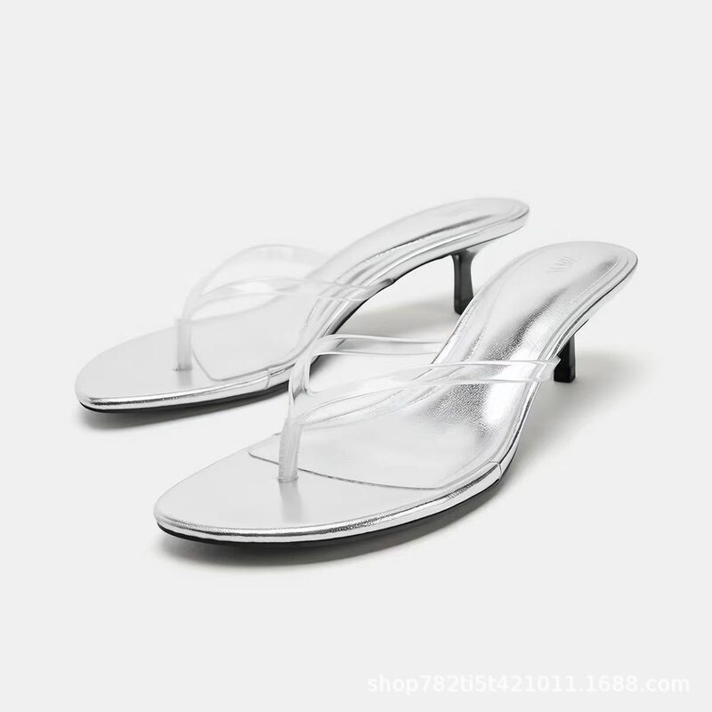 Za2026 New Summer Style Silver Transparent Cat-Heel Sandals for Women with Thin Heels and Square Toes, Fashionable and Versatile High-Heeled Shoes Za2026 New Summer Style Silver Transparent Cat-Heel Sandals for Women with Thin Heels and Square Toes, Fashionable and Versatile High-Heeled Shoes