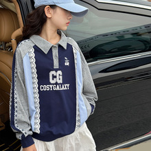 女童秋装卫衣2025新款儿童学院风撞色蕾丝上衣polo衫大童春秋衣服