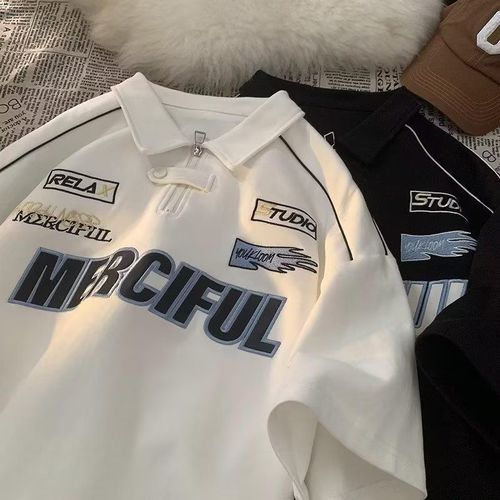 Men's Polo Shirt American Retro Collar Short Sleeve T-Shirt Loose Half Sleeve Trendy Motorcycle Summer T-Shirt Five-Sleeve