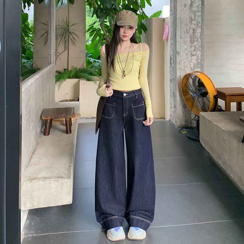水洗深蓝色牛仔裤垂感直筒阔腿裤女秋季高腰宽松拖地裤百搭长裤子|undefined