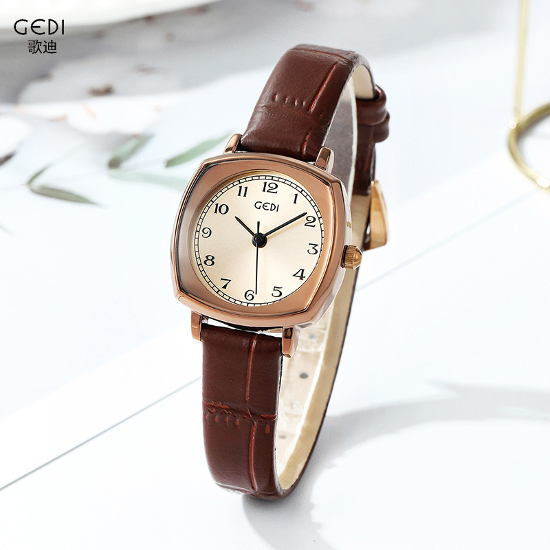 Gedi chic retro cuadrado pequeño dial estilo coreano simple moda cinturón estudiante reloj de cuarzo