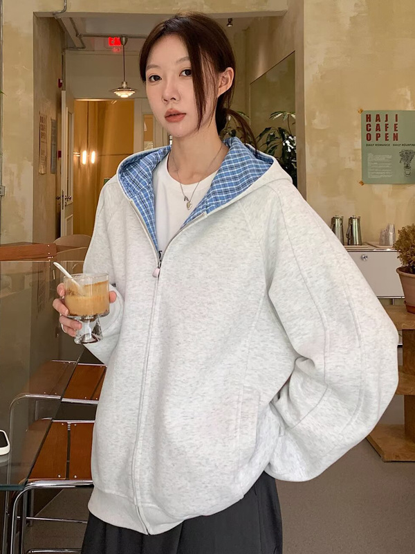 美式高街拼接千鸟格外套男女春秋季cleanfit情侣宽松开衫连帽卫衣|undefined