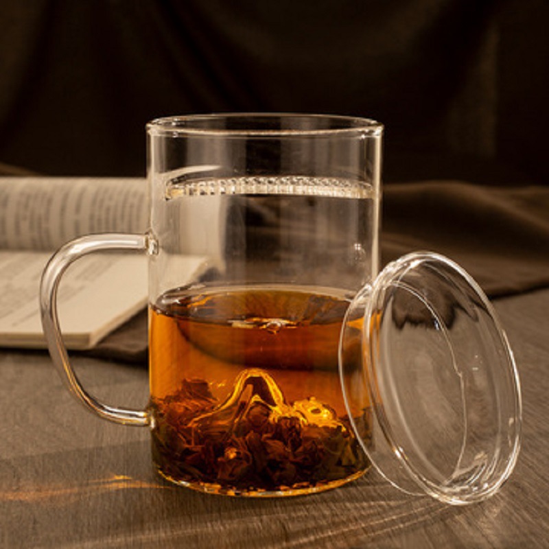Cubierta de madera taza de té de vidrio de borosilicato con mango traje de té taza de té perfumada con tapa Filtro de tres piezas taza de té verde