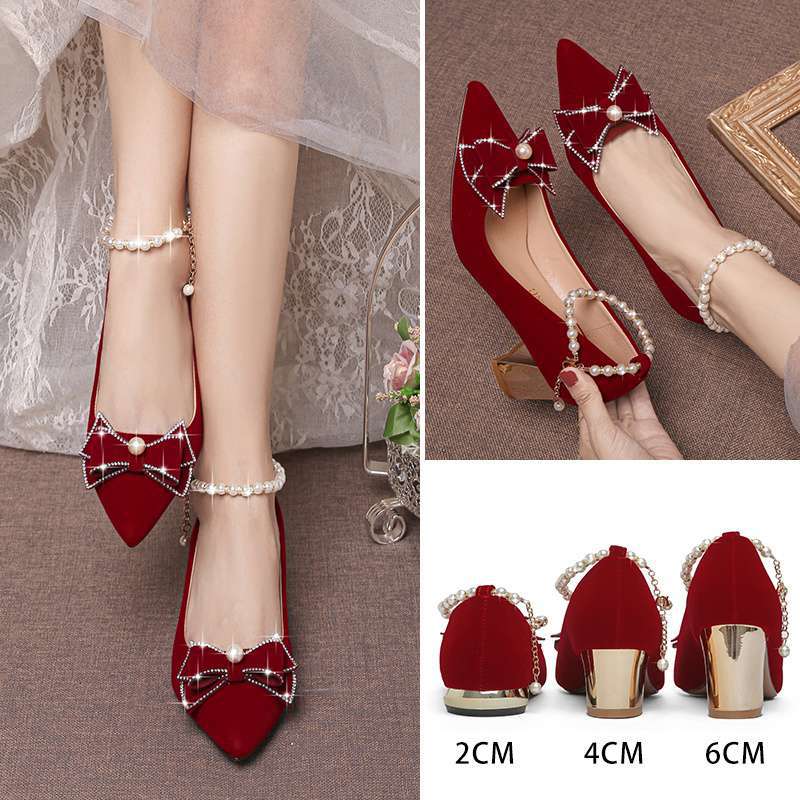 Women's Wedding Shoes with Thick Heels, 2025 Spring Bride Red Non-Tiring Wedding Dress Xiuhe Suit Two-Wear Flats Large Size 41-43
