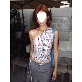 工厂直销美式街头斜肩背心女夏季设计感吊带显瘦辣妹短款无袖上衣