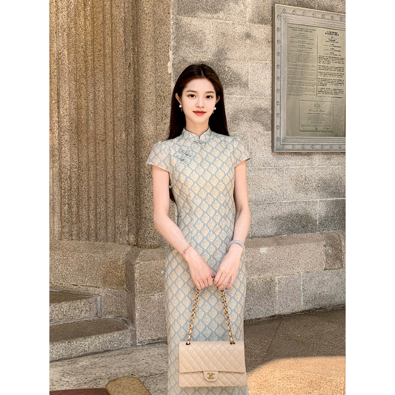 【清浅】新中式格纹印花改良旗袍女春夏新款盘扣显瘦收腰连衣裙