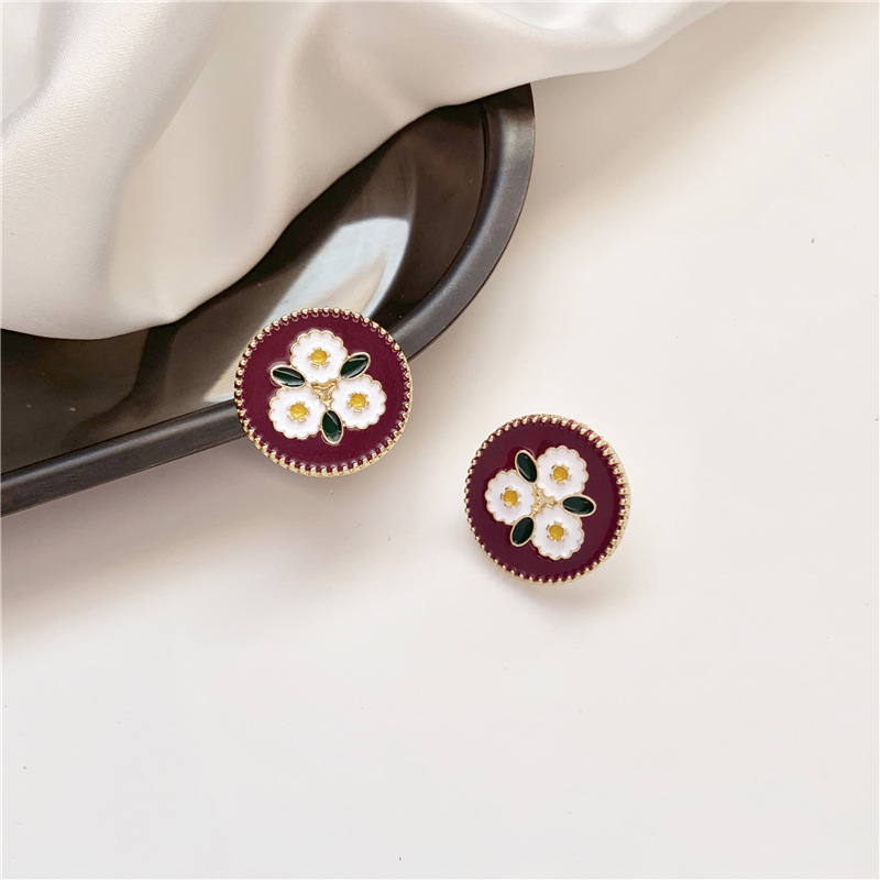 Travel Occasion Retro Feelings Drop Oil Wine Red Hyuna White Flower Round Earrings