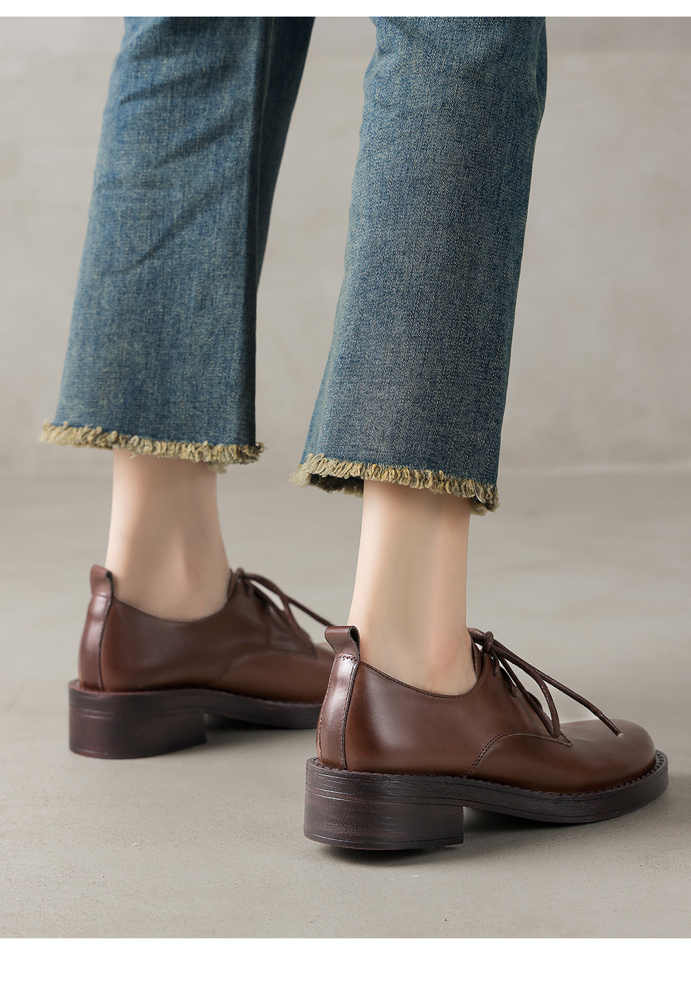 Giày da nữ mũi tròn buộc dây cổ sâu phong cách Anh vintage gót thấp — màu nâu chi tiết 17