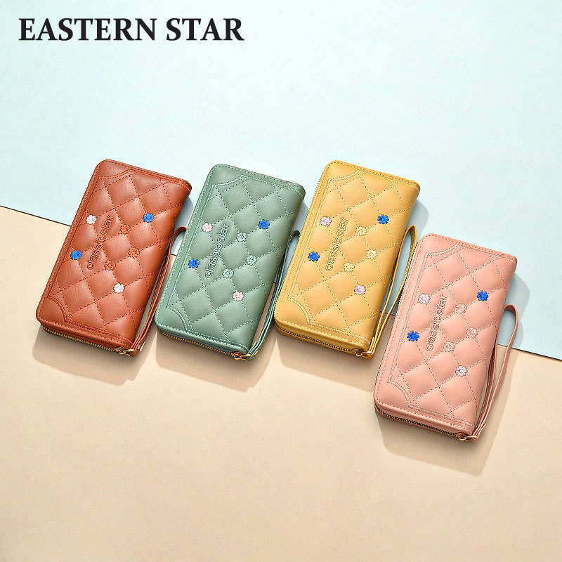 Cartera larga con cremallera, estilo coreano, con detalles en contraste