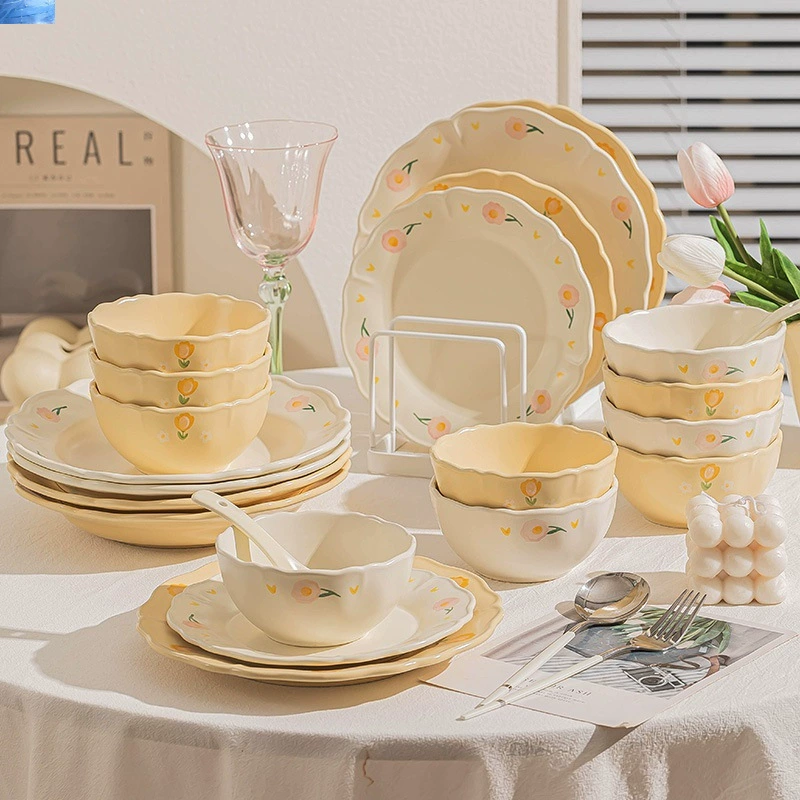 Cream cute ceramic tableware, set, gift box, light luxury style, Birthday gift