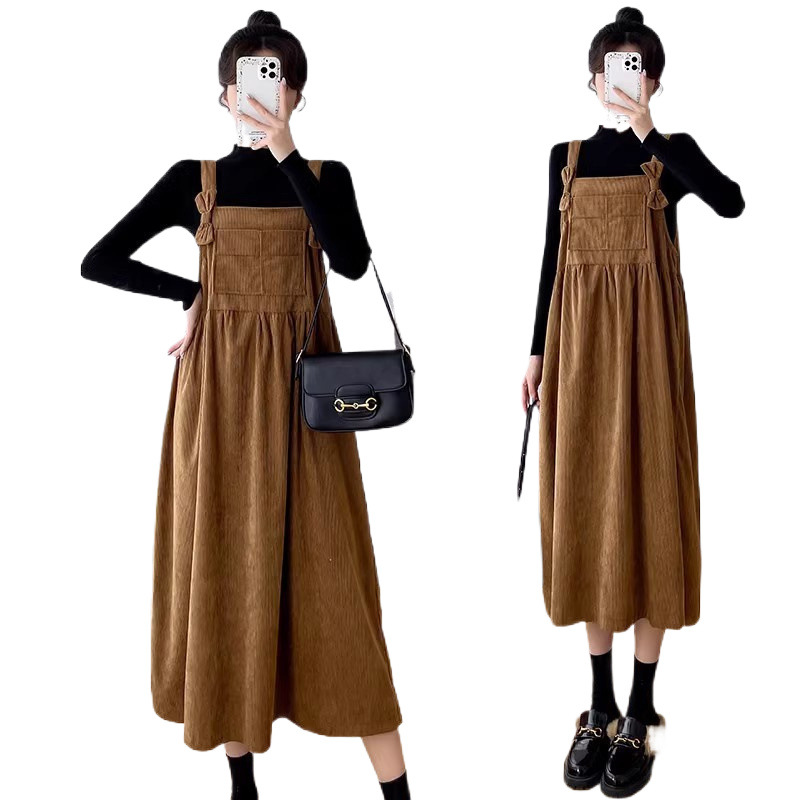 임산부 가을 겨울 정장 패셔너블 중간 길이 코듀로이 서스펜더 스커트 슬림 임산부 드레스 대형 투피스 정장