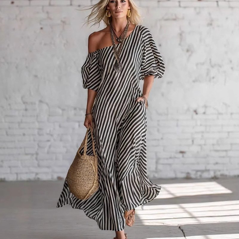European and American Independent Websites Amazon Aliexpress 2026 Summer New Printed Elegant Classic Striped Off-Shoulder Long Dress