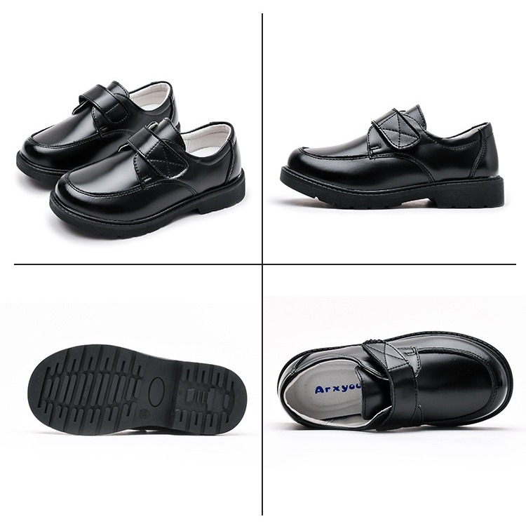 Boys' Leather Shoes for Spring and Autumn, Trendy Plus-Size Cross-Border Design, Black Velcro Style, Casual Korean-Style Performance Shoes for Older Kids and Students