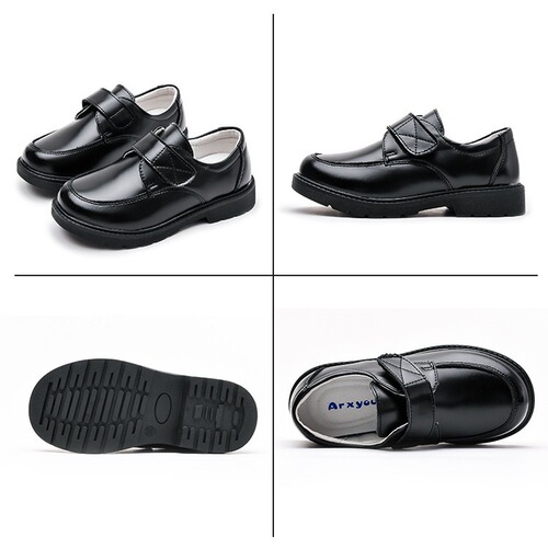 Boys' Leather Shoes for Spring and Autumn, Trendy Plus-Size Cross-Border Design, Black Velcro Style, Casual Korean-Style Performance Shoes for Older Kids and Students
