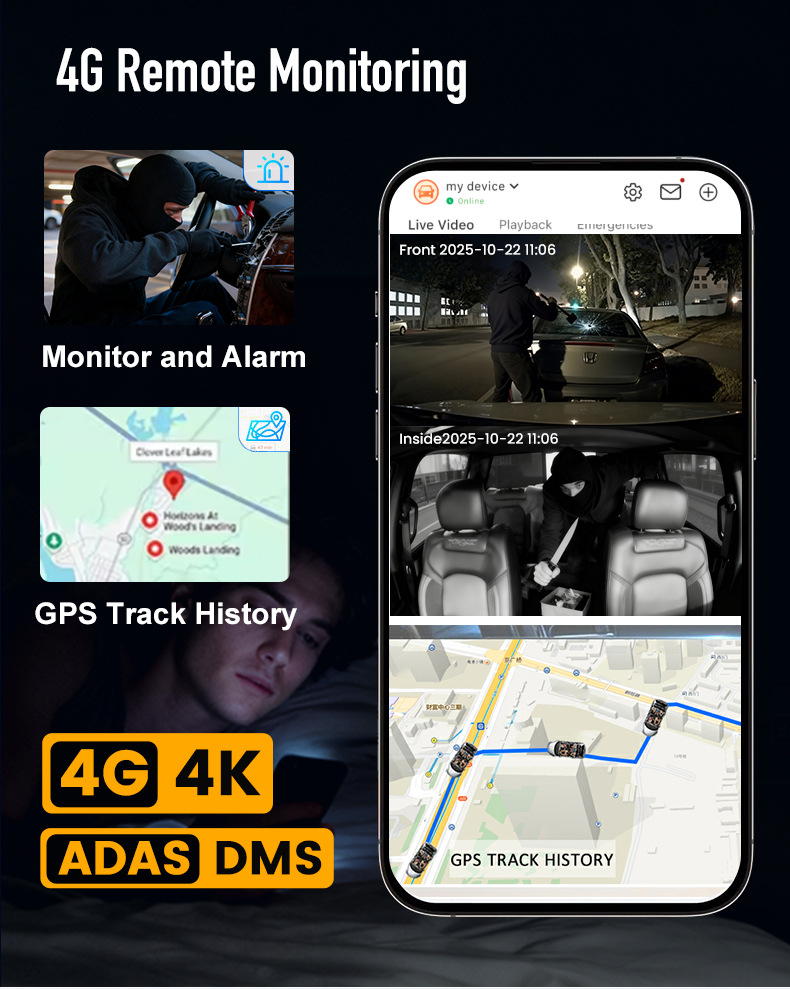 Cross-border 4G dashcam with four 4K cameras, remote monitoring, 24-hour surveillance, ADAS, BSD warning, and fleet management