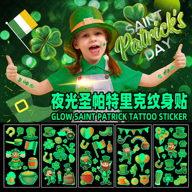 New children's cartoon Night Light St. Patrick's Day tattoo stickers Clover Irish National Day temporary stickers