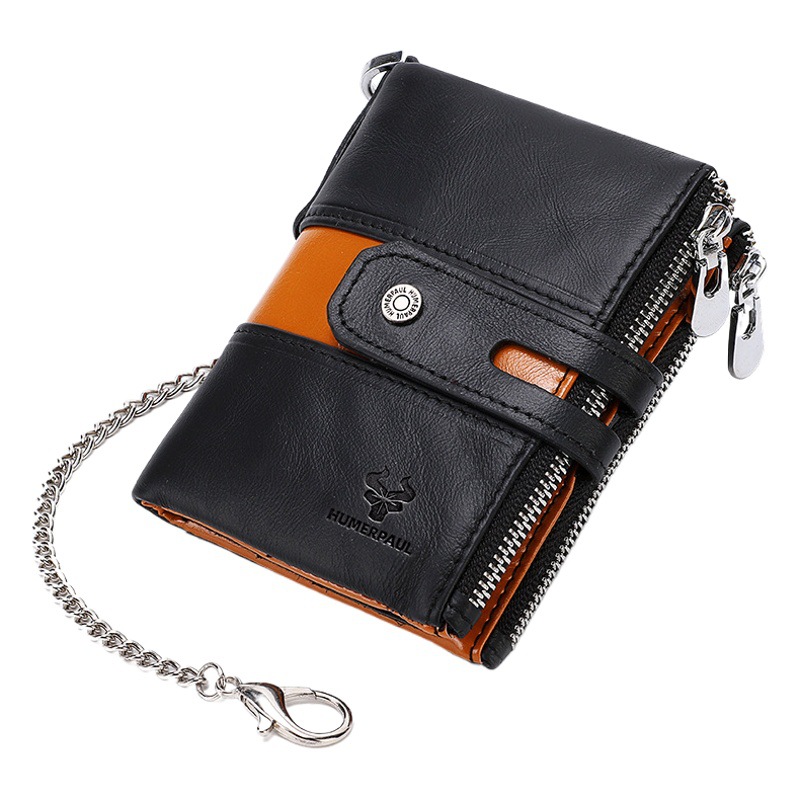 Hummer Paul men's leather wallet retro simple coin purse double zipper first layer cowhide RFID wallet wholesale