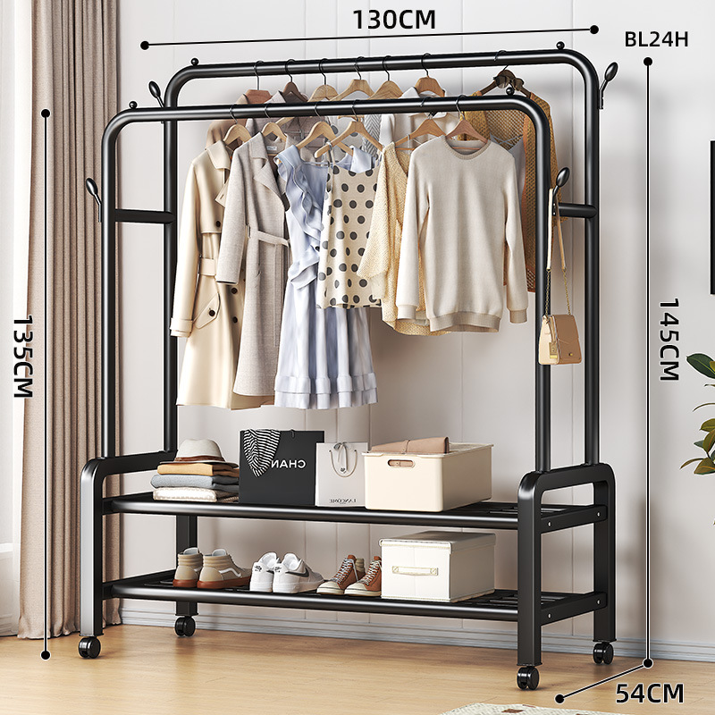 이중 극*이중층 130cm 검정색 바퀴가 달린 수납 선반 옷걸이 4개