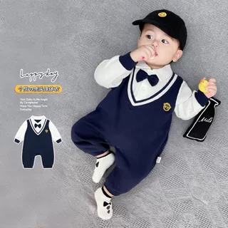 婴儿春秋连体衣服网红宝宝可爱超萌洋气哈衣学院风翻领洋气潮爬服