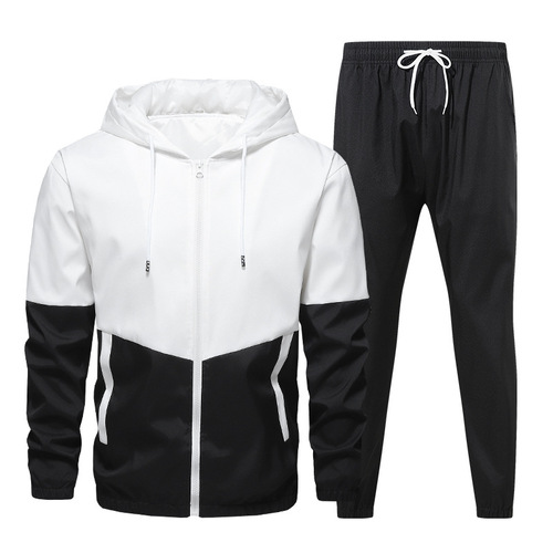 Hot spring and autumn men's sports and casual suit spliced color matching hooded coat paired with a suit