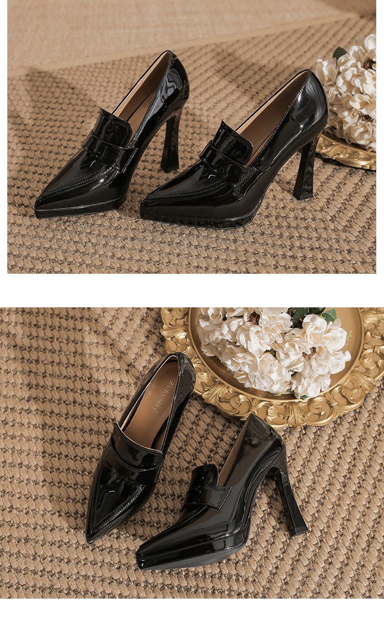 Giày cao gót mũi nhọn preppy đế xuồng chống thấm nước — nhung đen chi tiết 9