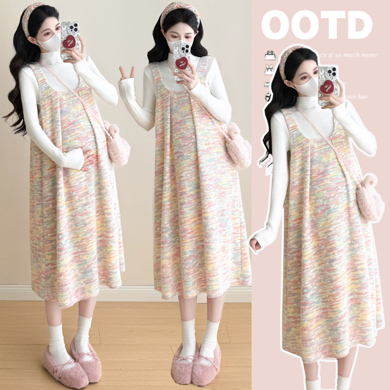 Real Shot of New In-Stock Maternity Two-Piece Set: Sweater + Rainbow Loose Strap Maternity Dress