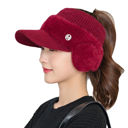 Autumn/Winter Cross-Border Women's Ear Protection Hat, Fashion Duckbill Cap, Hollow Top Polyester Wool Knitted Hat for Cycling and Cold Protection