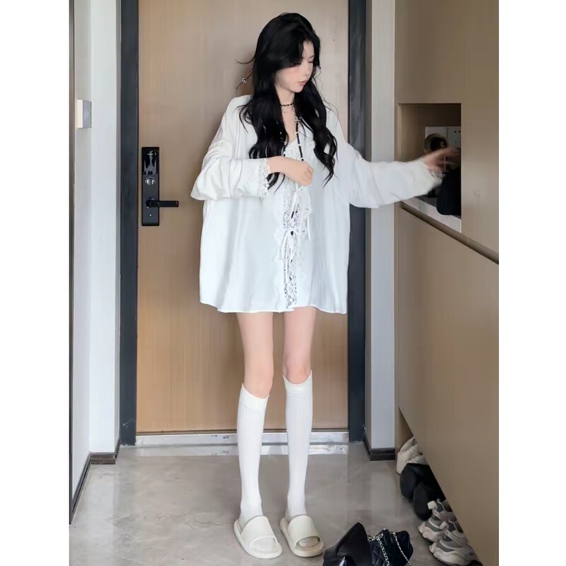 法式甜美蕾丝花边绑带别致衬衫+美背C 9080#白色纯色款拼接长袖|undefined