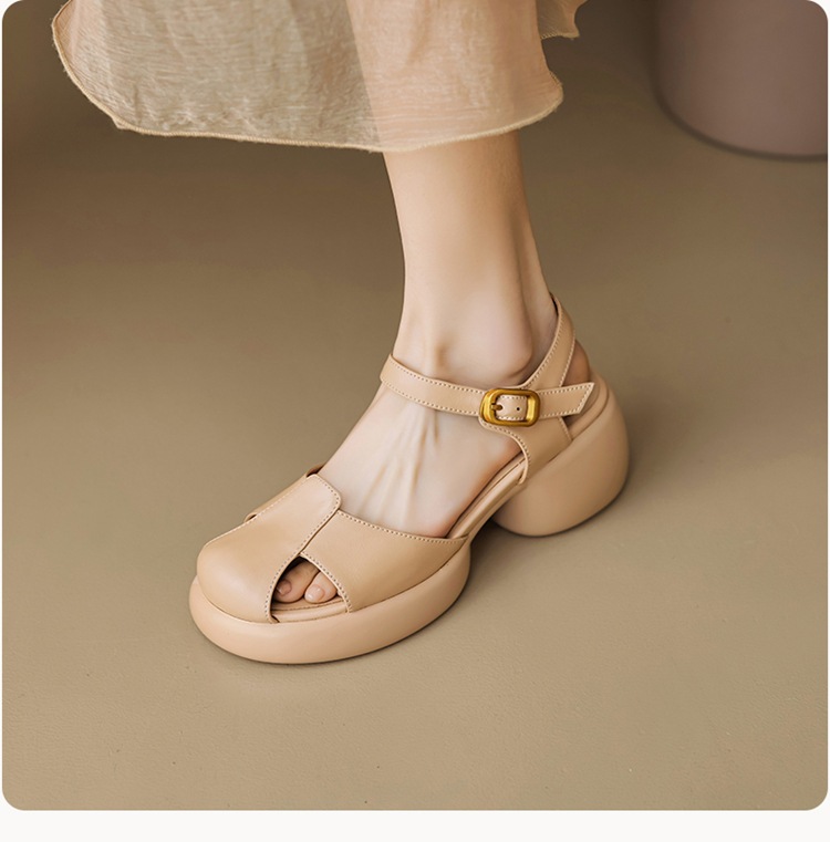 Sandal cao gót nữ bít mũi da cừu gót thô kiểu La Mã đế dày quai ngang — Màu trắng be chi tiết 17