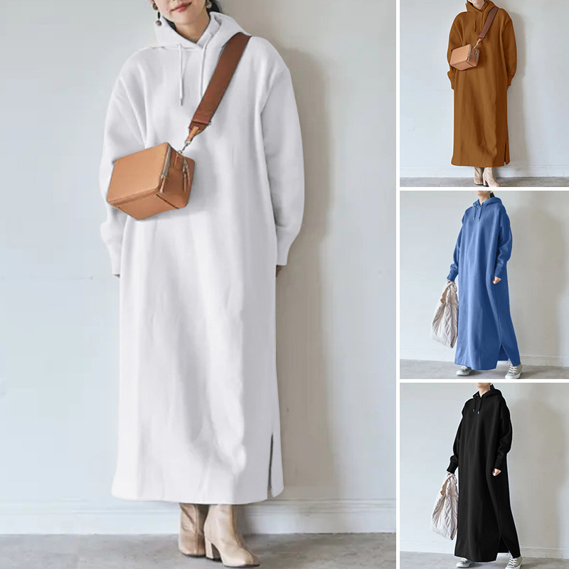 Cross-border supply autumn and winter 2023 fleece-lined hooded bottoming sweater plus size straight pocket loose length dress