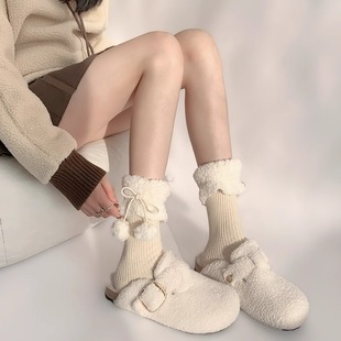 White Lamb Wool Stitching Socks Women's Autumn and Winter Cute Lolita Wool Ball Stacking Socks Warm Vertical Pattern Knitted Cotton Socks