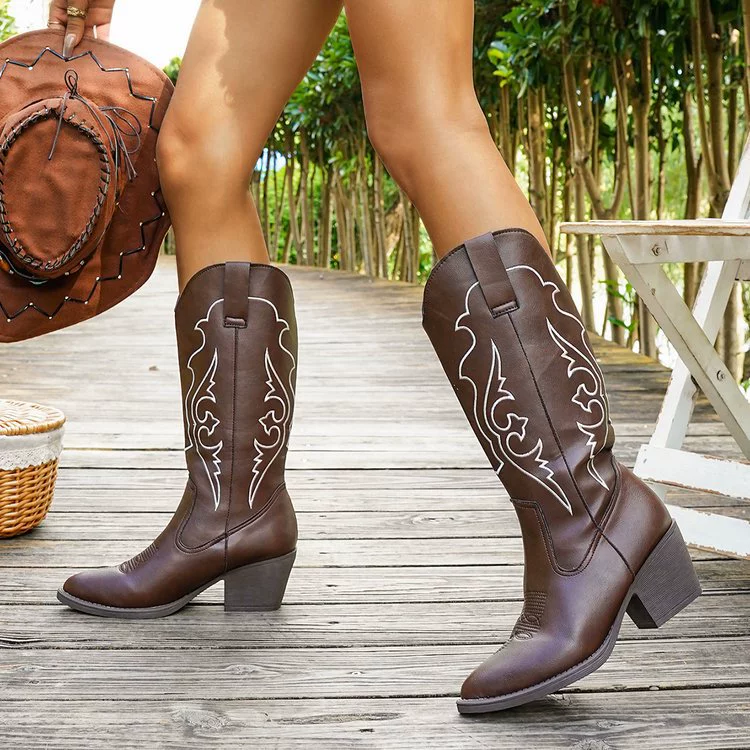 Женские ботинки больших размеров в ретро стиле с вышивкой, осень 2025, коричневые, на толстом каблуке, этнический стиль, рыцарские ботинки, ковбойские ботинки в западном стиле