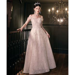 French Style Flower Off-shoulder Pale Pink Slip Dress Evening Dress High-end Light Luxury Niche Birthday Party Dress