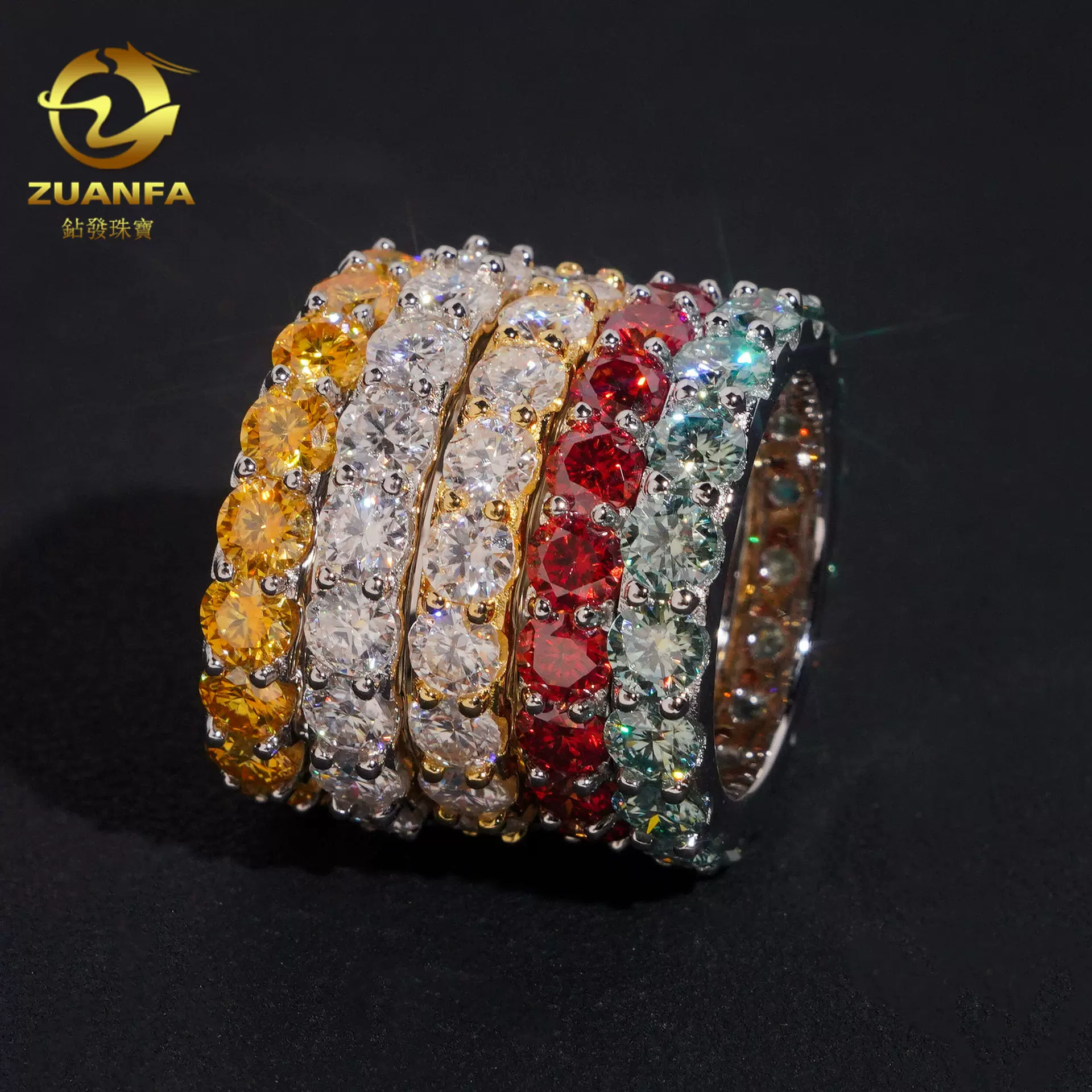 新款嘻哈S925银镶4mm圆形彩色莫桑排戒 欧美男女指环ins潮流戒指