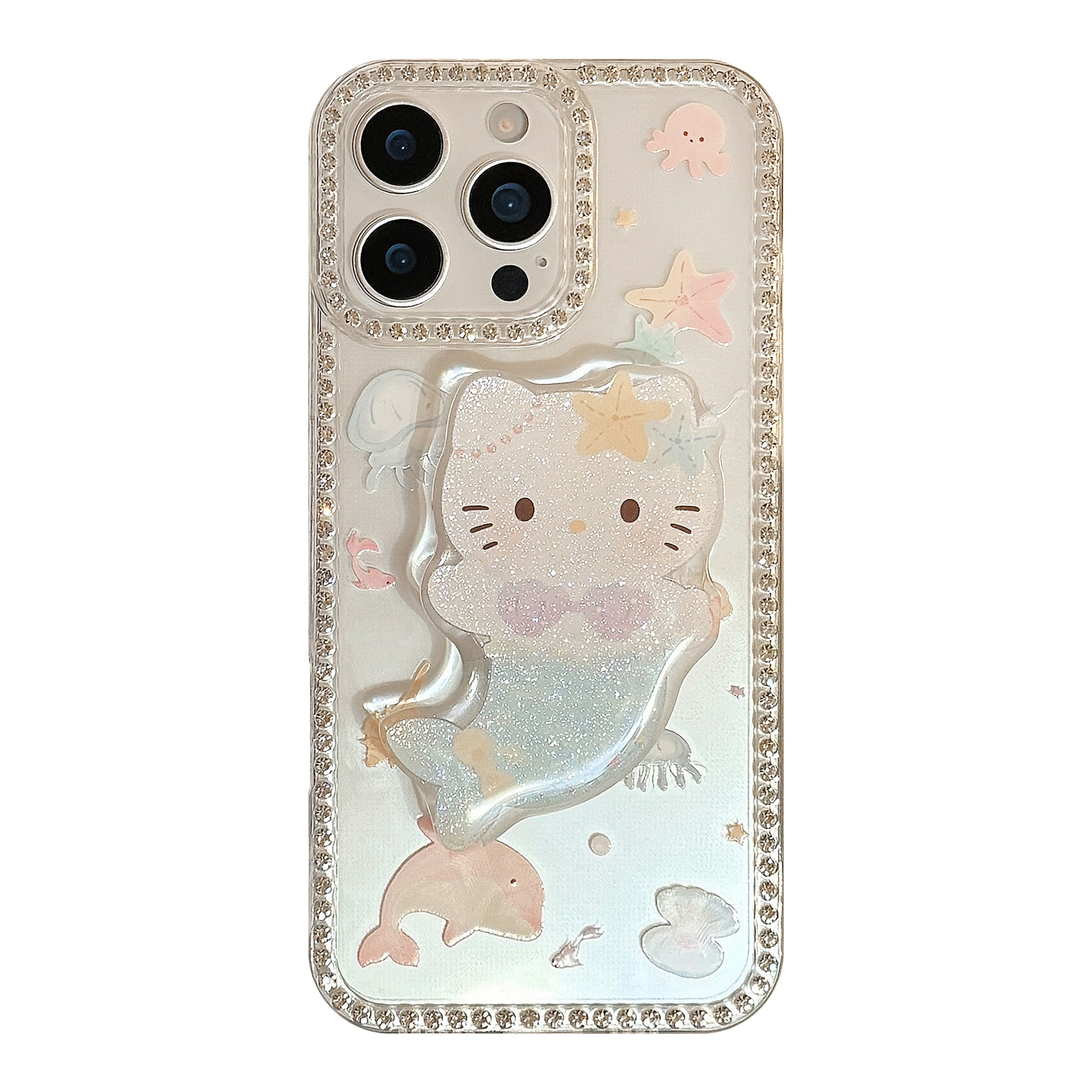 Funda de verano con dibujos animados para iPhone 16, 17 Pro Max, con diseño de gato sirena, soporte para iPhone 13, con purpurina, para iPhone 11