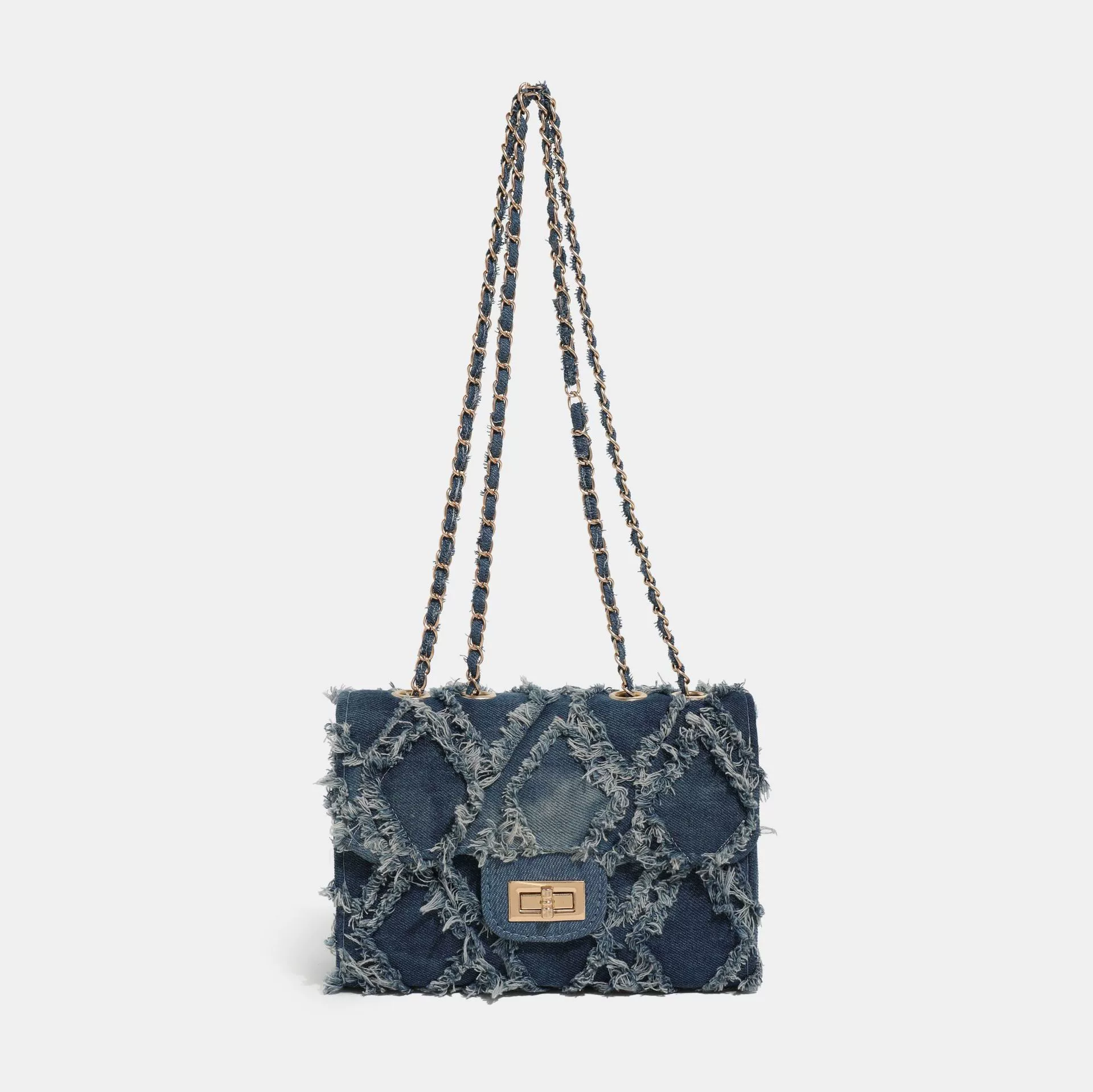 Denim lock, one-shoulder bag, elegant handheld fashionable chain, chain bag