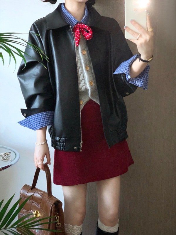 美式复古黑色pu皮衣外套女秋季2025新款休闲宽松机车夹克上衣|undefined