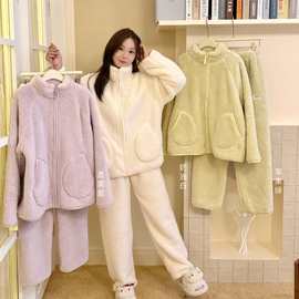 半边绒睡衣女款秋冬家居服套装居家睡衣女款加厚冬保暖珊瑚绒睡衣