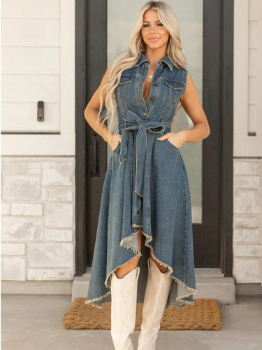 Cross-border European and American denim dress—fashionable, sleeveless, unique, with irregular raw-edge design—on TEMU, Amazon, OZON, and independent websites.